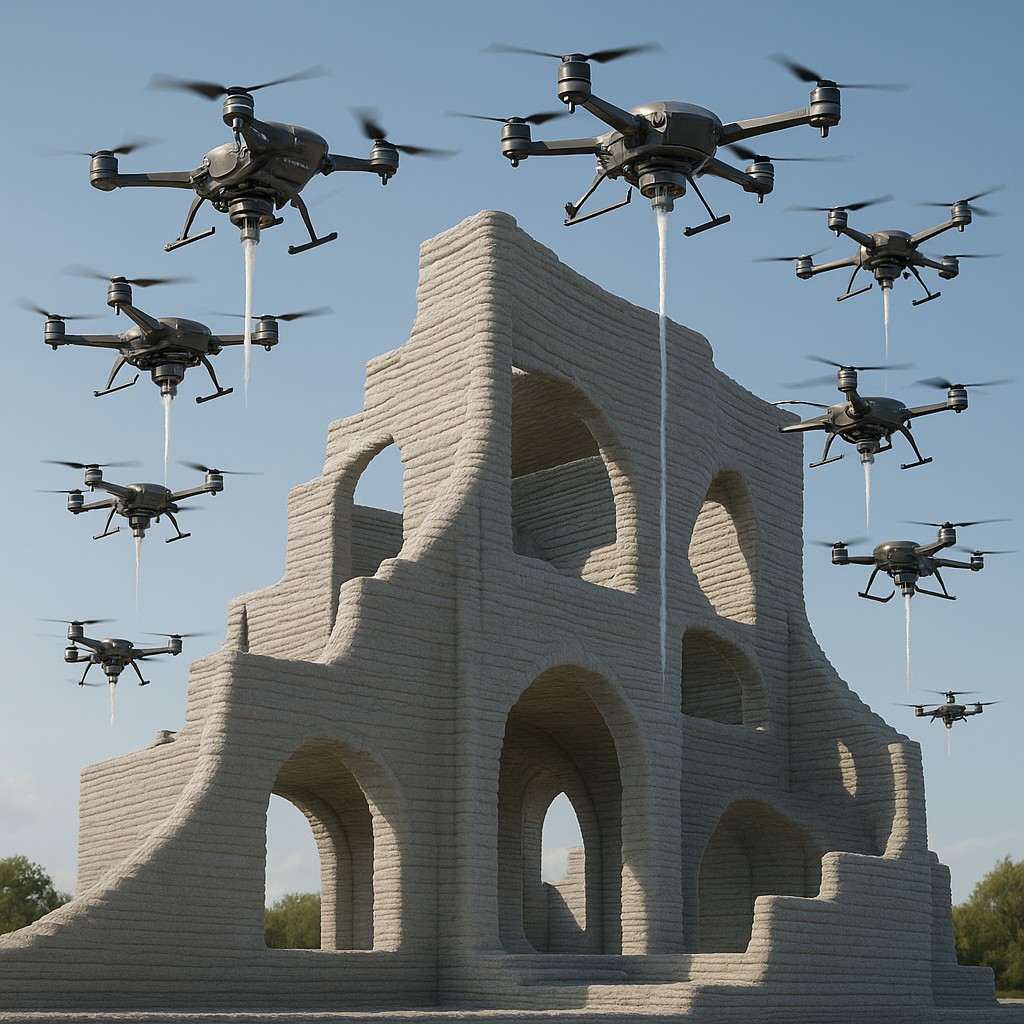Swarm of autonomous 3D printing drones collaboratively building a large structure outdoors
