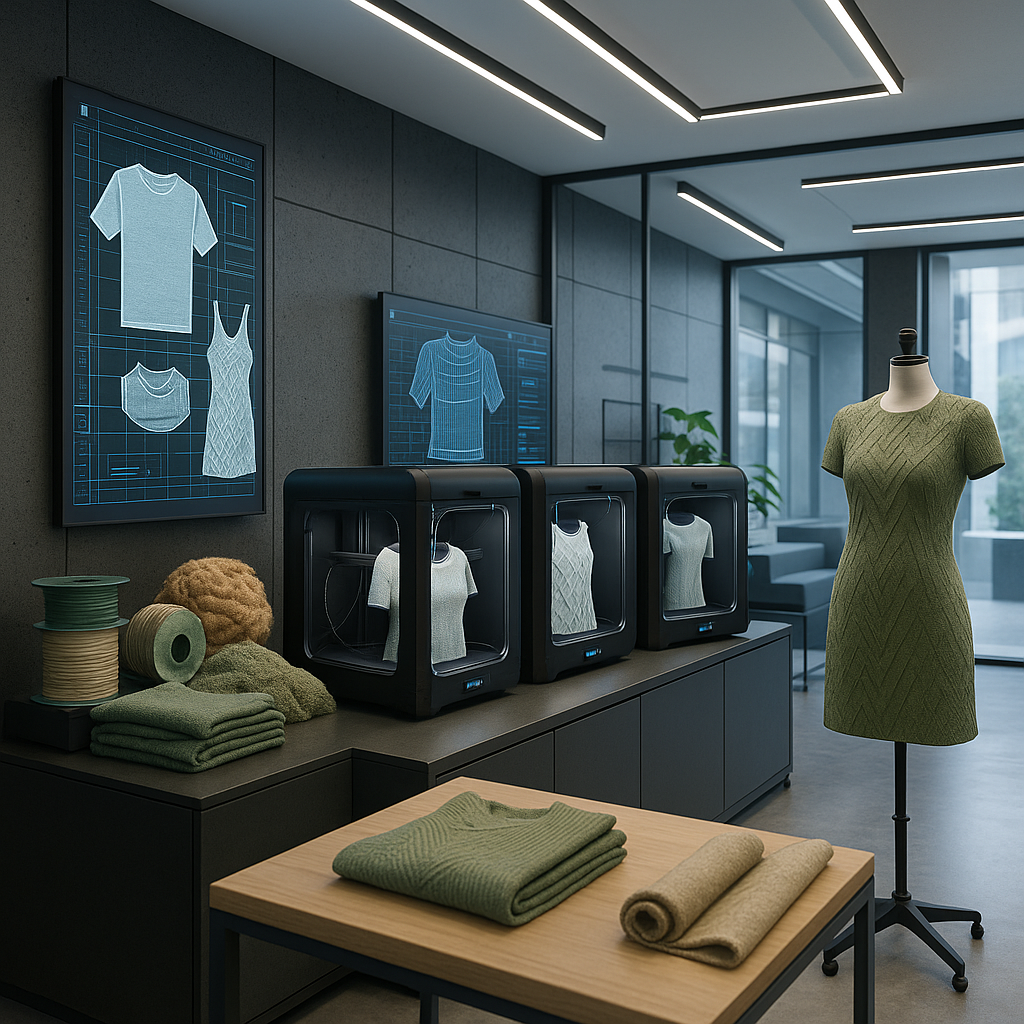 3D printers producing sustainable fashion items with digital design interfaces visible