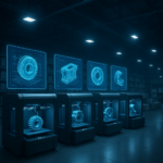 Futuristic warehouse with holographic digital inventory and 3D printers producing parts on demand