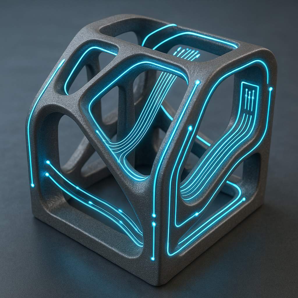 3D printed metal structure with embedded glowing fiber optic sensors