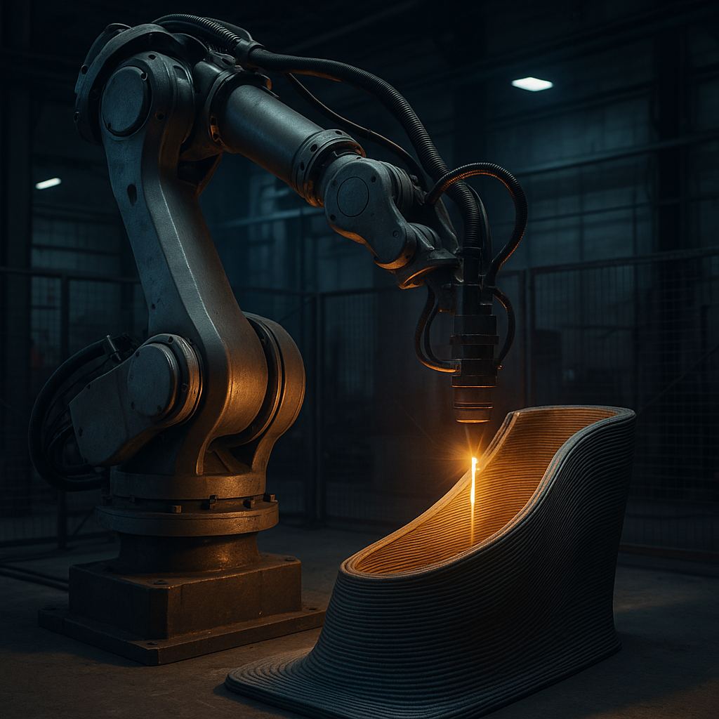 Robotic arm performing large-format multi-axis 3D printing on a curved surface