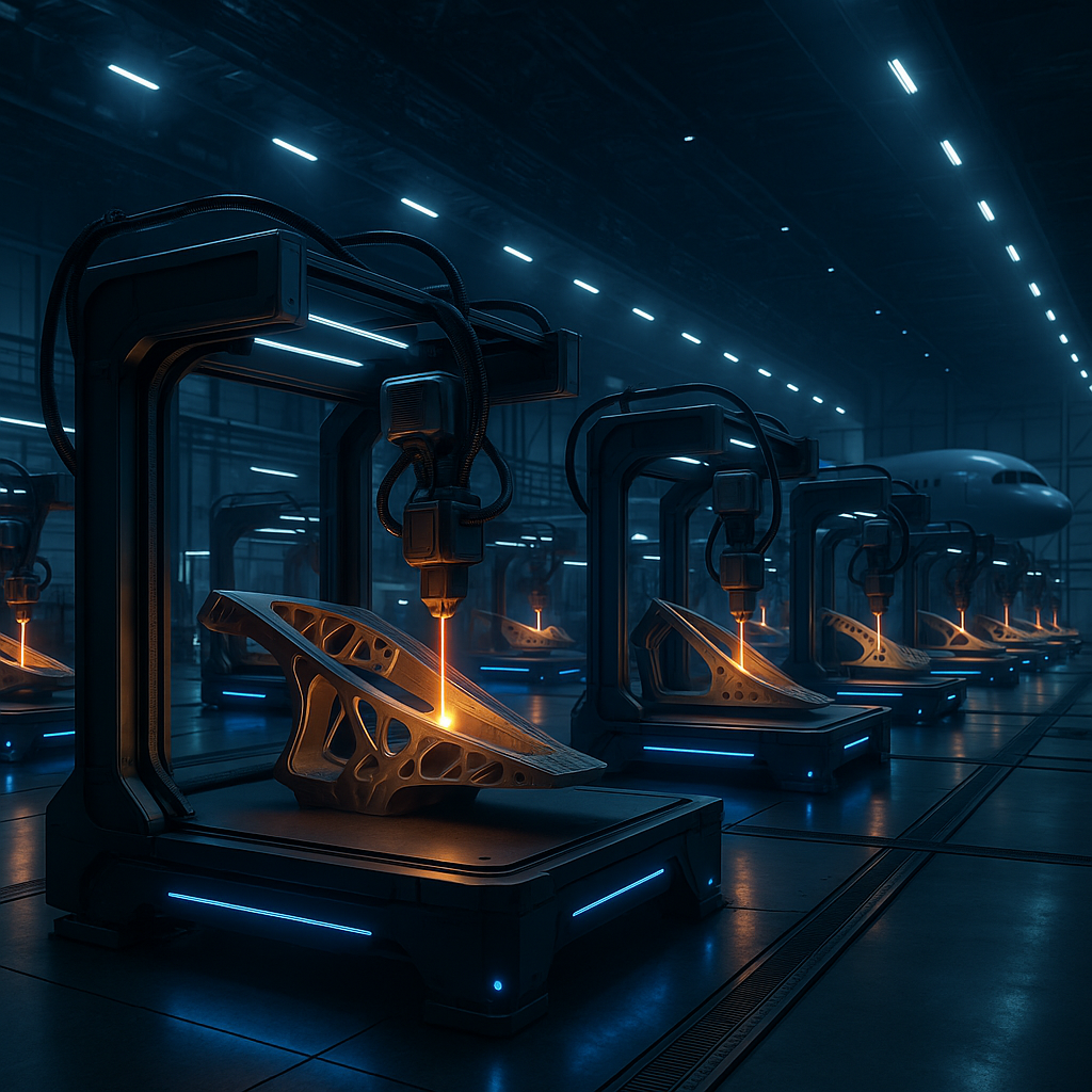 Swarm of 3D printers collaboratively manufacturing aerospace parts in a high-tech facility