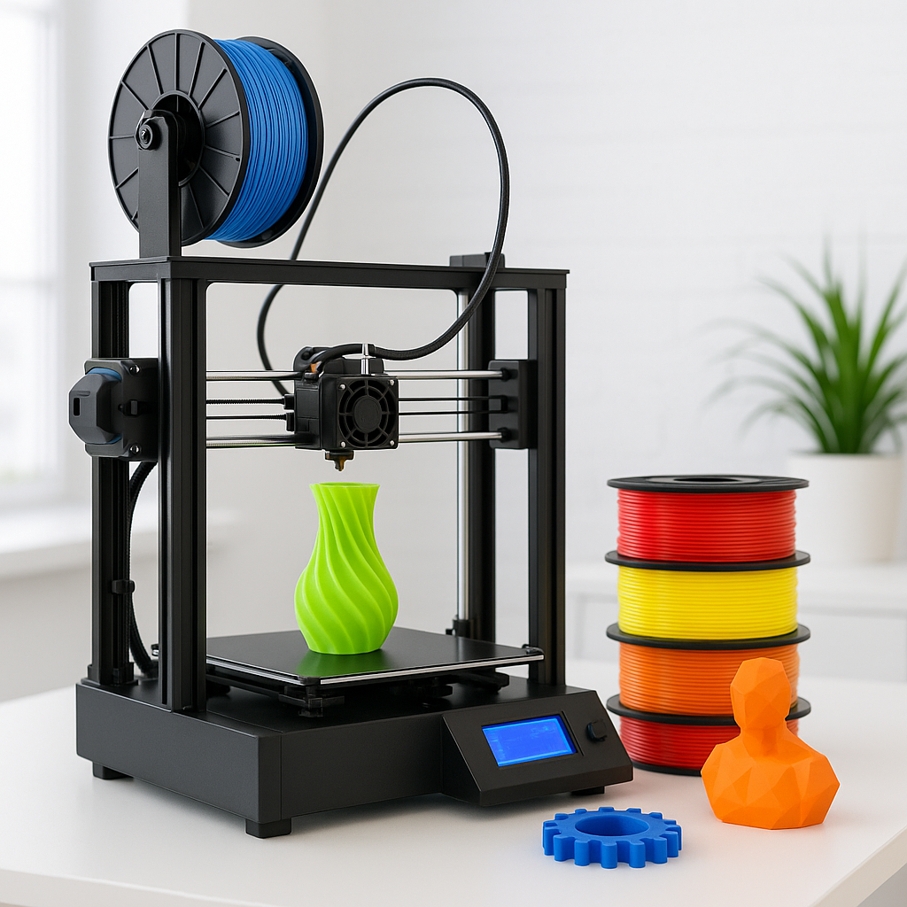 3D printer with filament spools and printed objects on desk