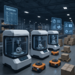 3D printers producing spare parts on demand in a high-tech warehouse environment