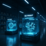 AI-driven 3D printing platform visualizing digital inventory and on-demand manufacturing of technical parts