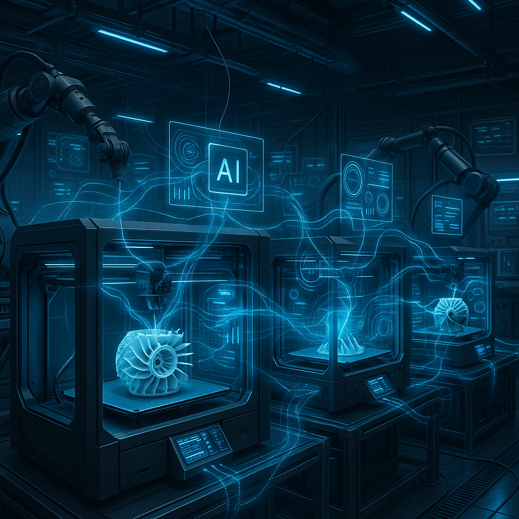 Collaborative 3D printing swarm operating in an automated print farm