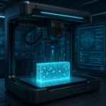 3D printer creating smart material with embedded sensors and holographic data visualization