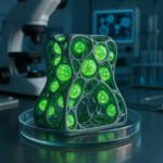 3D printed hybrid living material with embedded living cells glowing within the structure