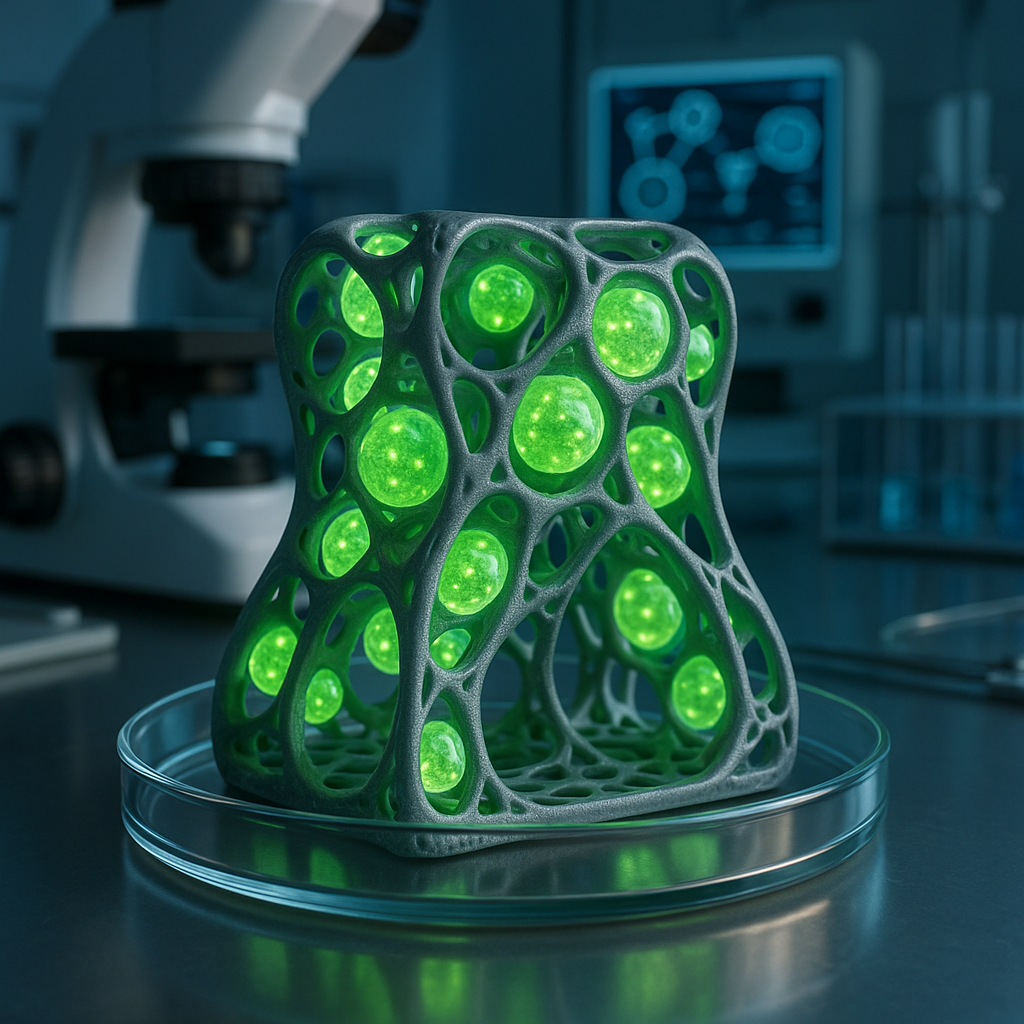 3D printed hybrid living material with embedded living cells glowing within the structure