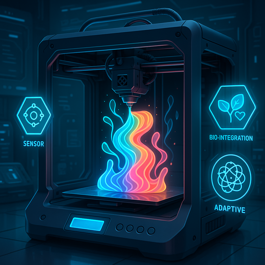 3D printer extruding glowing smart filament with holographic sensor icons in a futuristic lab