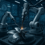 5-axis metal 3D printer fabricating a complex propeller with AI data visualization