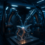 Multi-axis metal 3D printer producing complex curved aerospace component