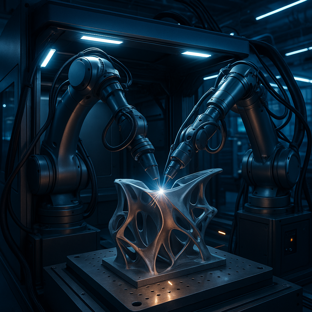 Multi-axis metal 3D printer producing complex curved aerospace component