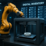 Robotic arm 3D printing spare parts on-demand in an automated factory