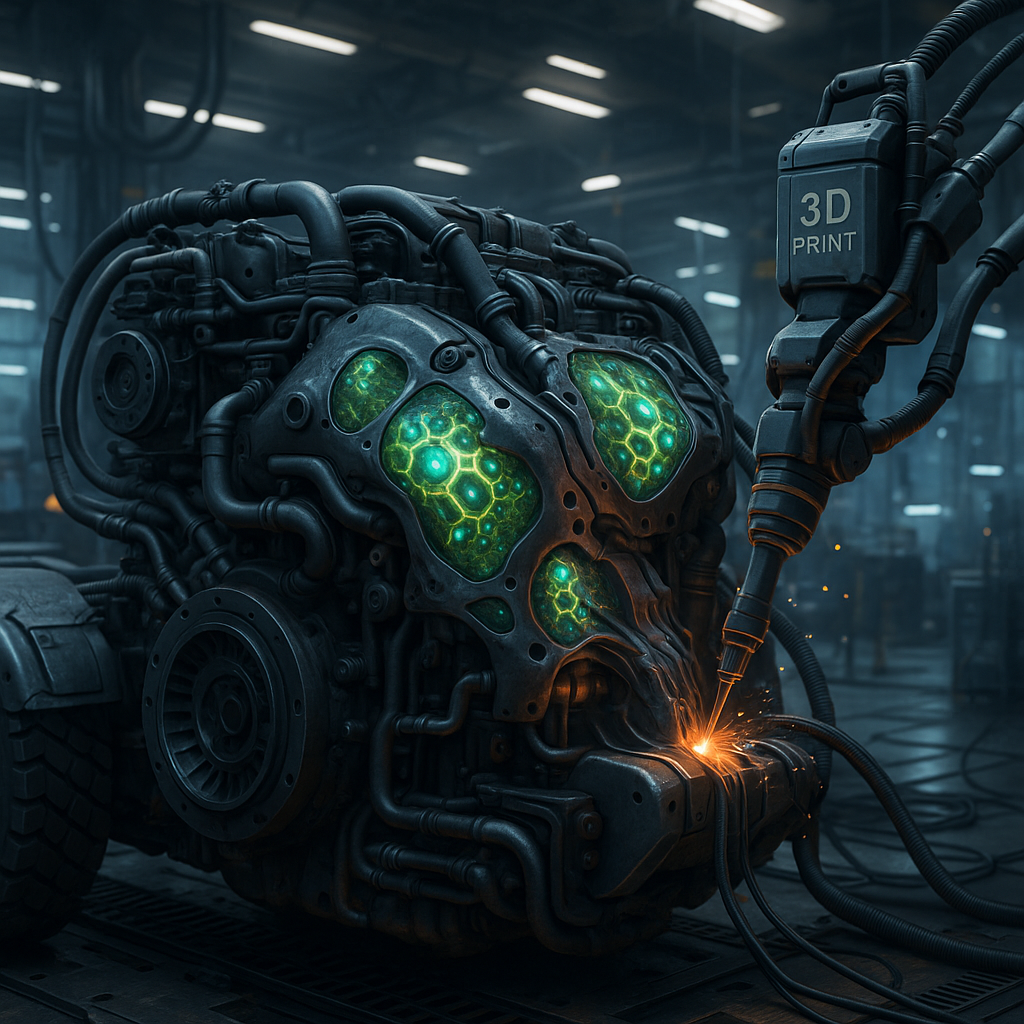 3D printed heavy-duty truck part with integrated living materials in an industrial setting