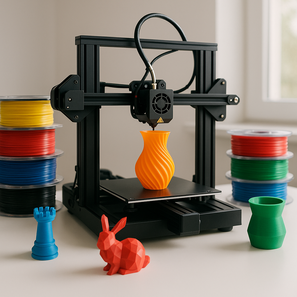 3D printer with filament spools and printed objects on desk