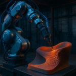 Robotic arm executing multi-axis 3D printing on curved geometry in industrial environment