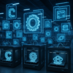 Futuristic digital inventory warehouse with 3D printers and holographic part files