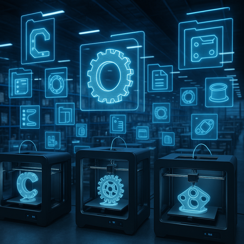 Futuristic digital inventory warehouse with 3D printers and holographic part files