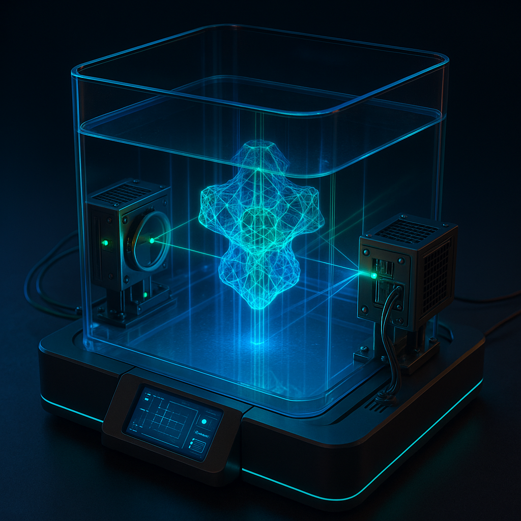 Volumetric 3D printer using MEMS-based holographic light projection forming a 3D object inside resin