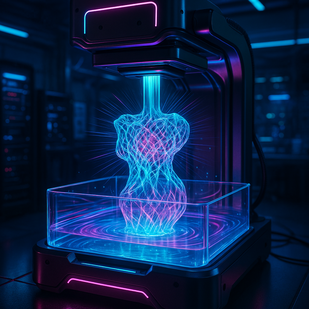 Volumetric 3D printing technology rapidly creating a complex translucent 3D model using advanced light projection