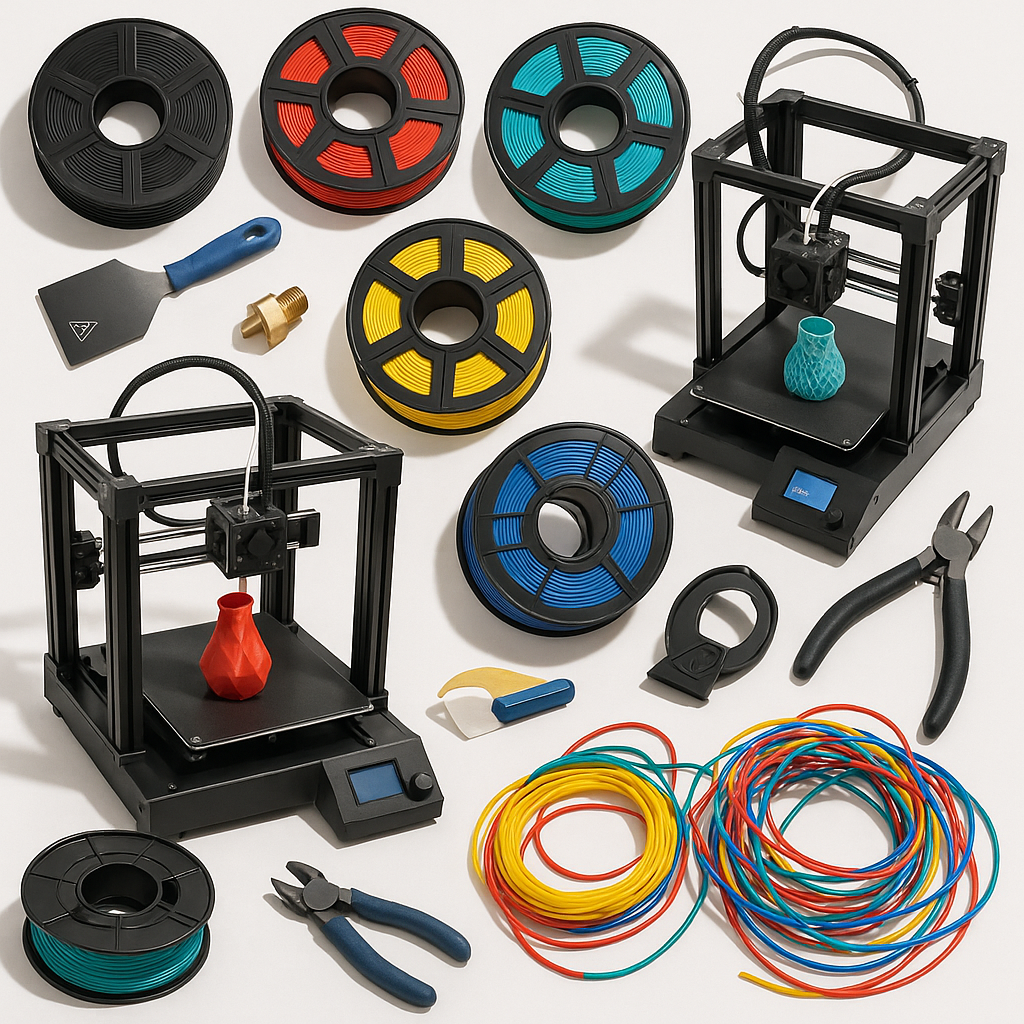 Collage of 3D printers, filaments, and accessories for 3D printing deals