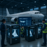 Engineers using 3D printers to produce airplane parts on demand in a modern aerospace facility