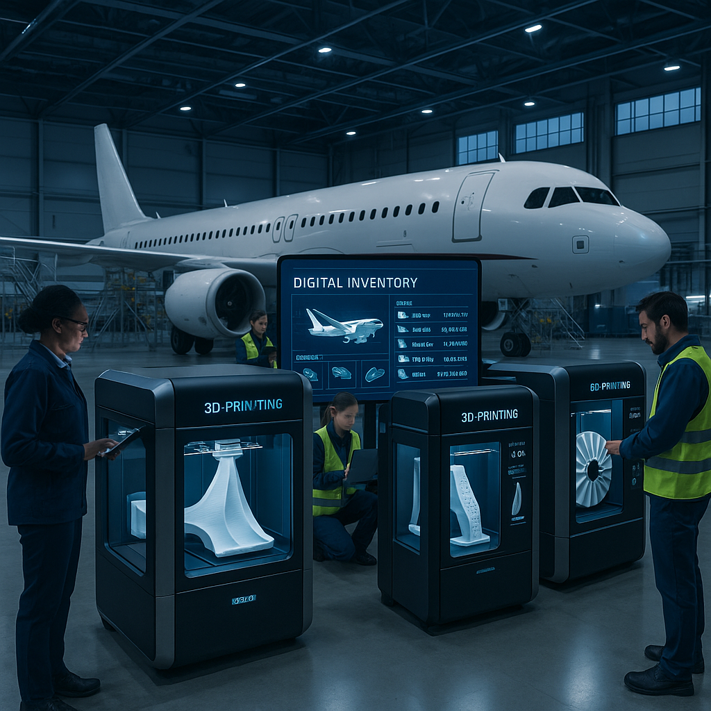 Engineers using 3D printers to produce airplane parts on demand in a modern aerospace facility