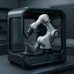 Desktop 3D printer with robotic arm performing 5-axis multi-axis printing on a complex curved part