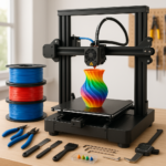 3D printer with filament spools and accessories on a workbench