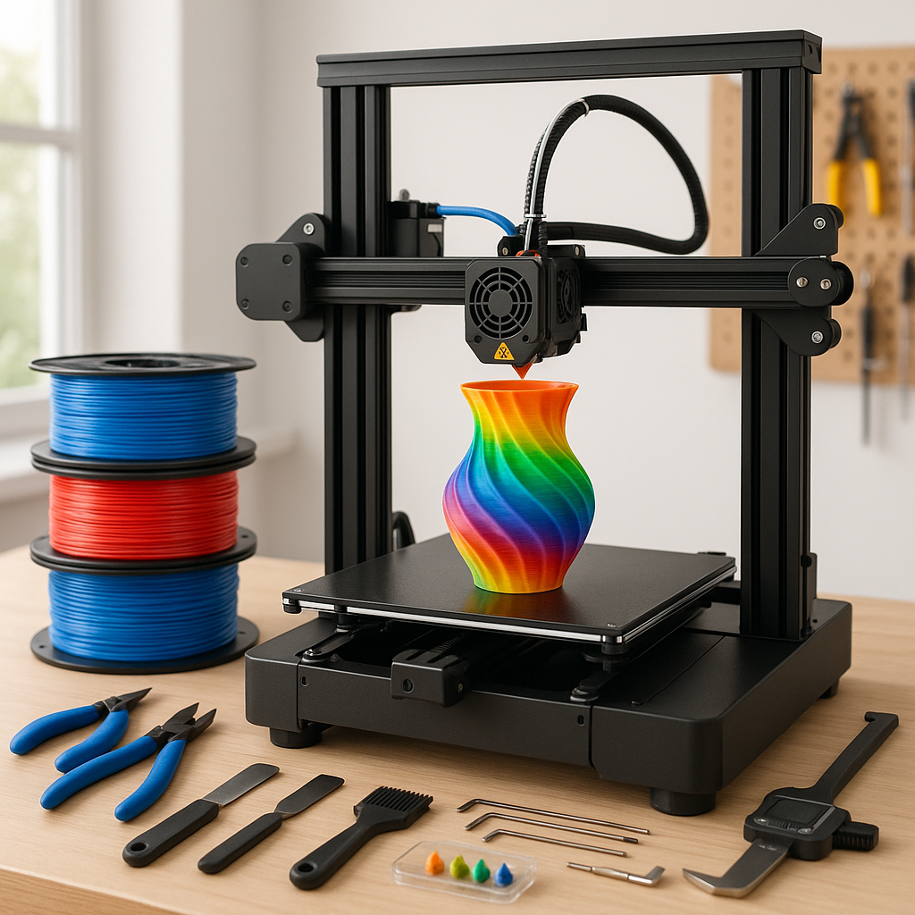 3D printer with filament spools and accessories on a workbench