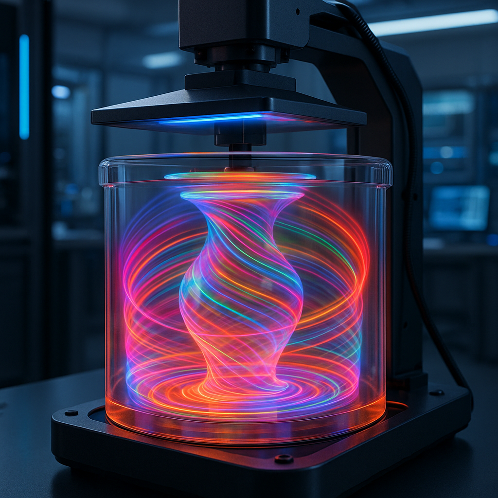 Volumetric 3D printing using rotating light fields in a transparent resin vat