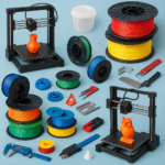 Collage of 3D printers, filaments, and accessories
