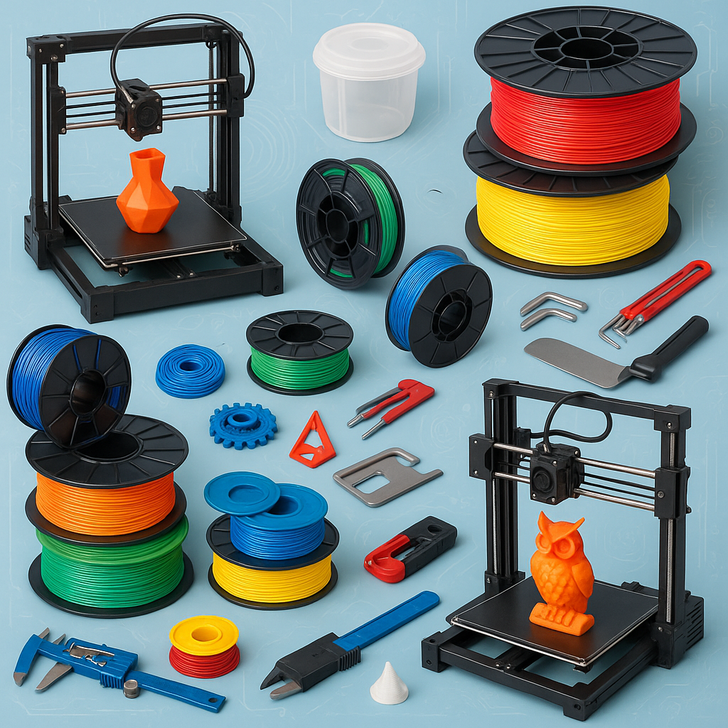 Collage of 3D printers, filaments, and accessories