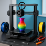 3D printer in action with colorful filament spools and tools
