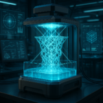 Volumetric 3D printer creating an object instantly with light projections inside resin