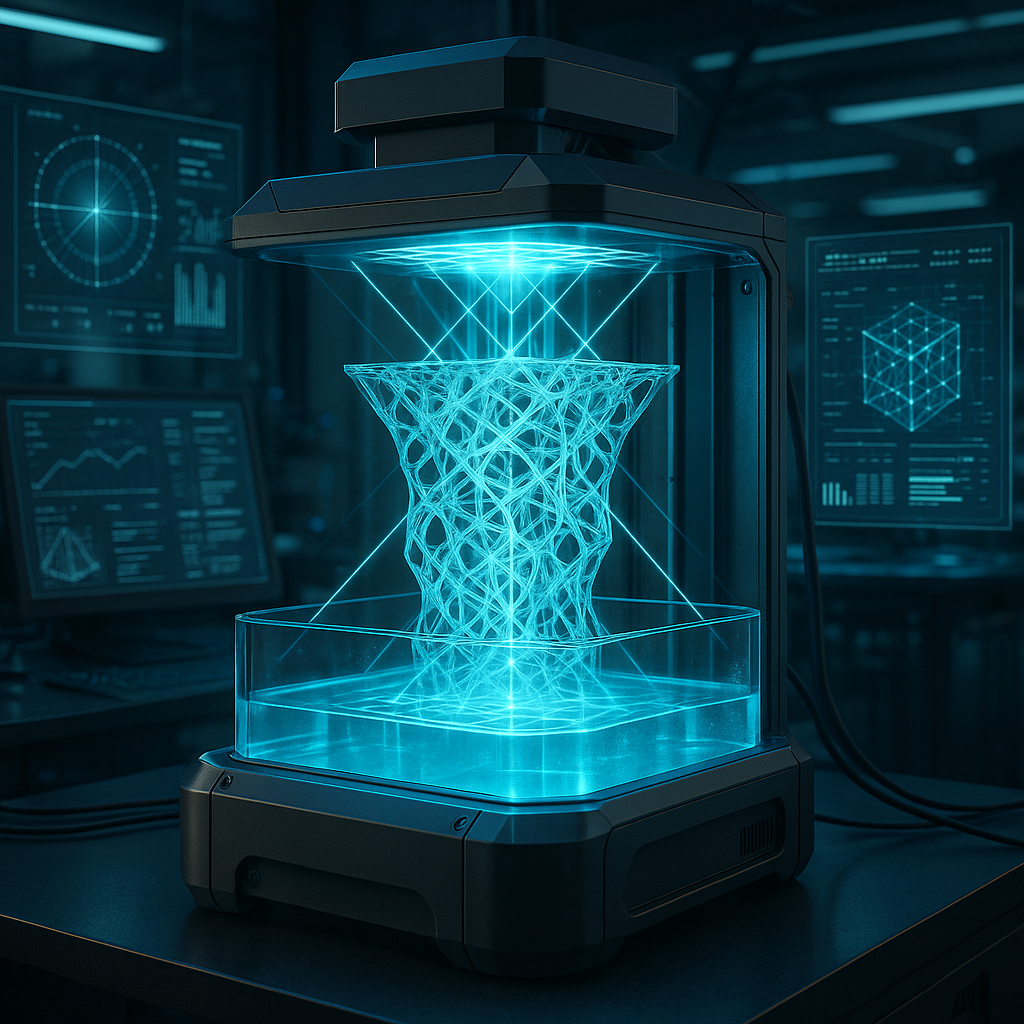 Volumetric 3D printer creating an object instantly with light projections inside resin