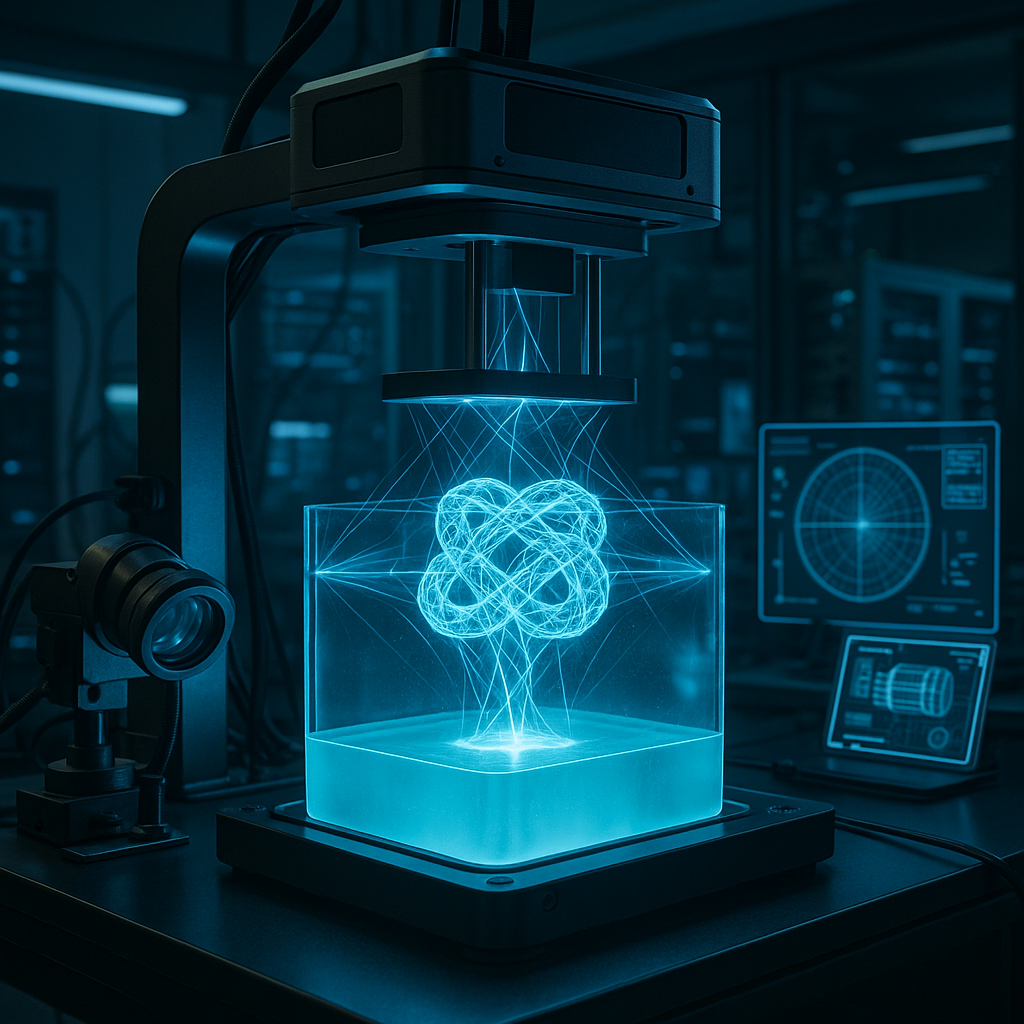 Volumetric 3D printing process creating a complex glowing 3D object inside a resin volume