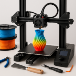 3D printer with colorful filament spools and tools on a desk