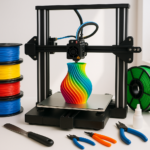 3D printer with filament spools and 3D printing tools on a bright desk