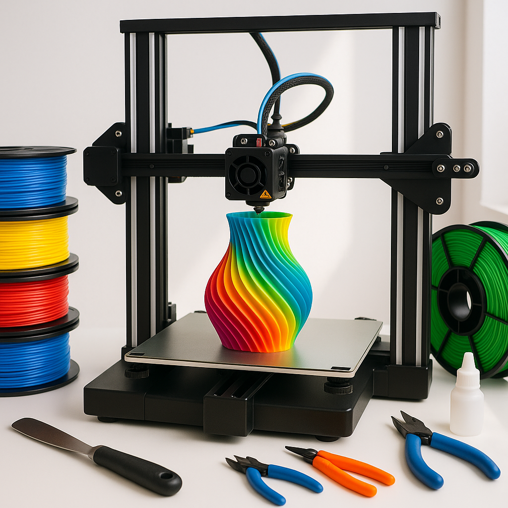 3D printer with filament spools and 3D printing tools on a bright desk