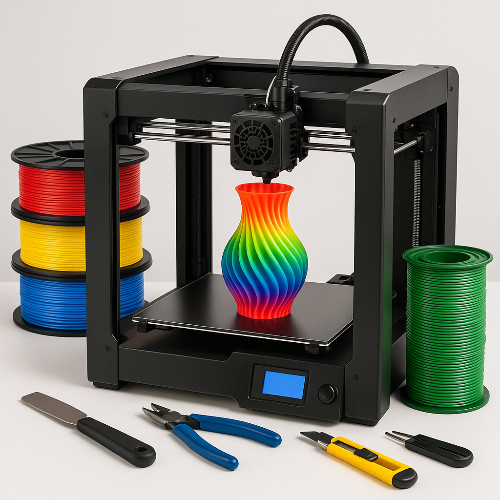 3D printer with filament spools and 3D printing tools