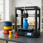 3D printer with colorful filament spools and printed models in workshop