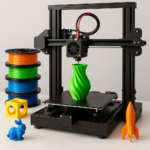 3D printer with colorful filament spools and printed objects on workbench