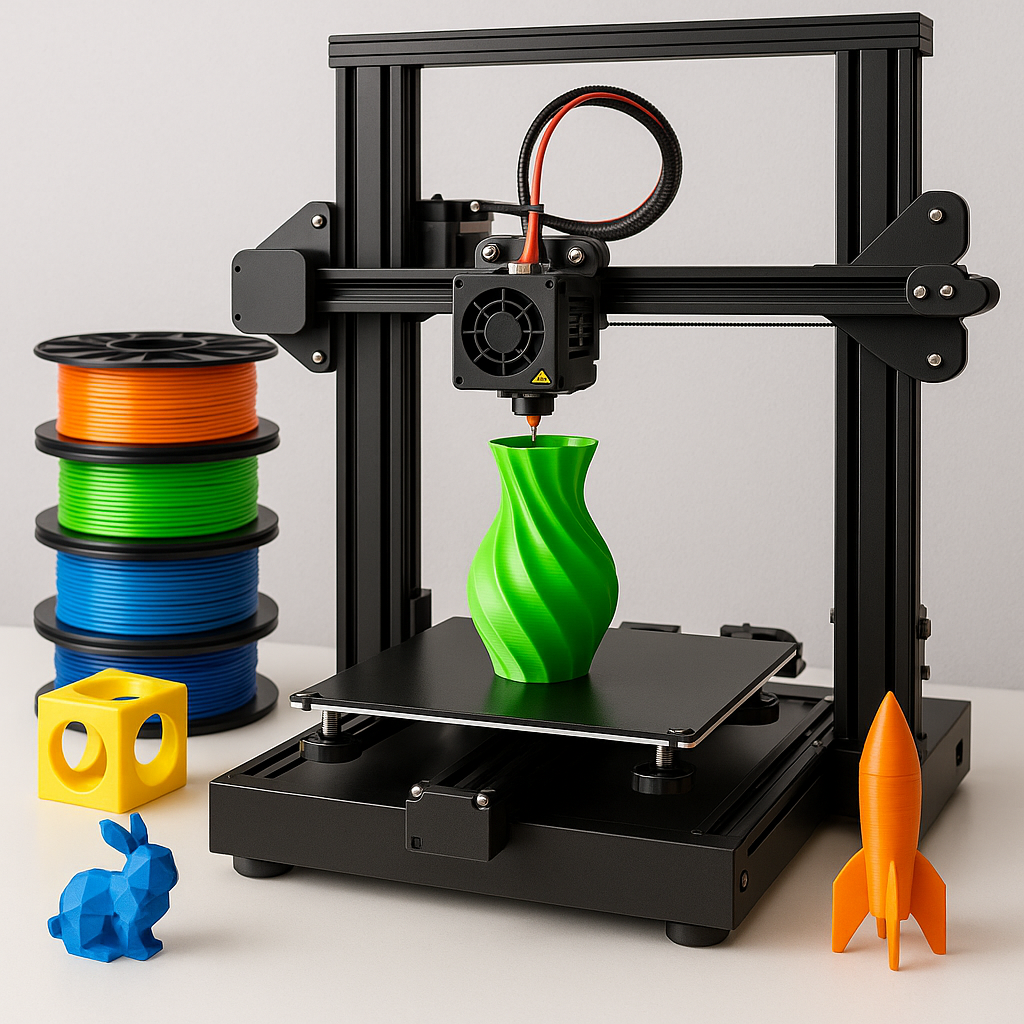3D printer with colorful filament spools and printed objects on workbench