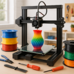 3D printer printing colorful object with filaments and tools in workshop