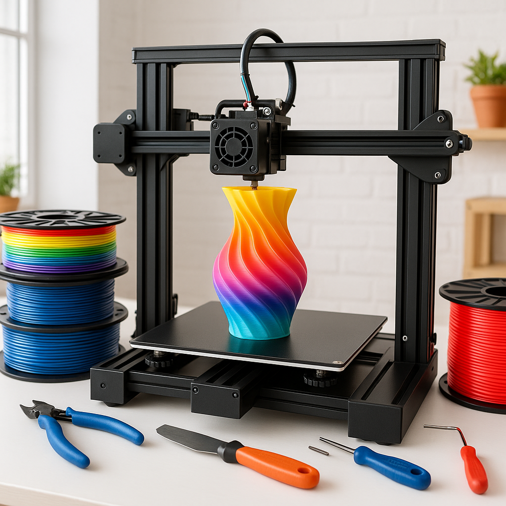 3D printer with filament spools and tools in workshop
