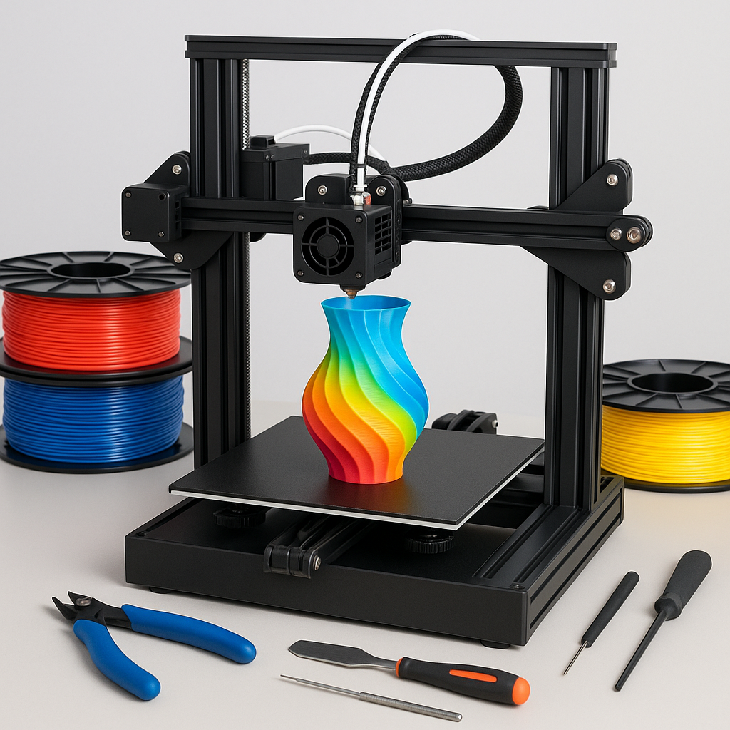 3D printer in action with filament spools and tools