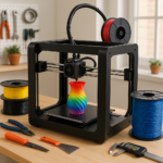 3D printer with filament spools and tools in workshop