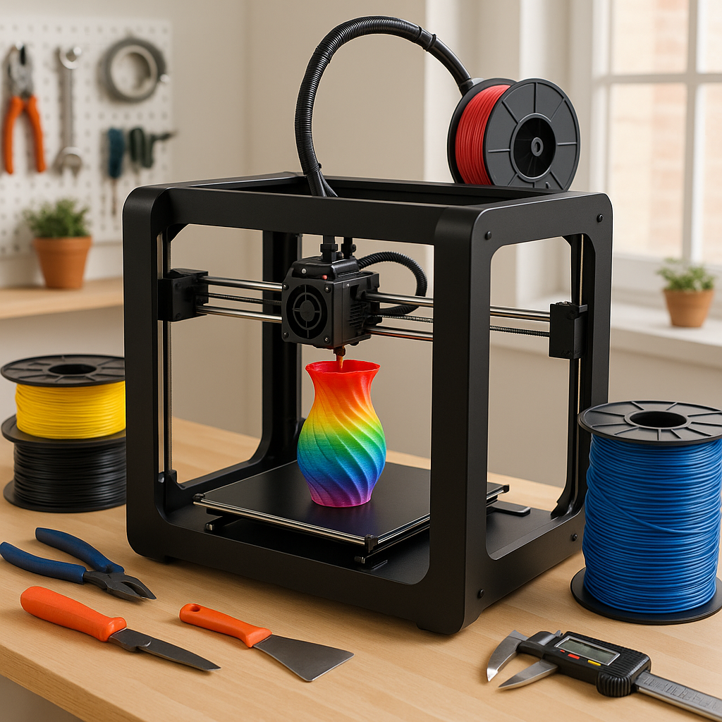 3D printer with filament spools and tools in workshop